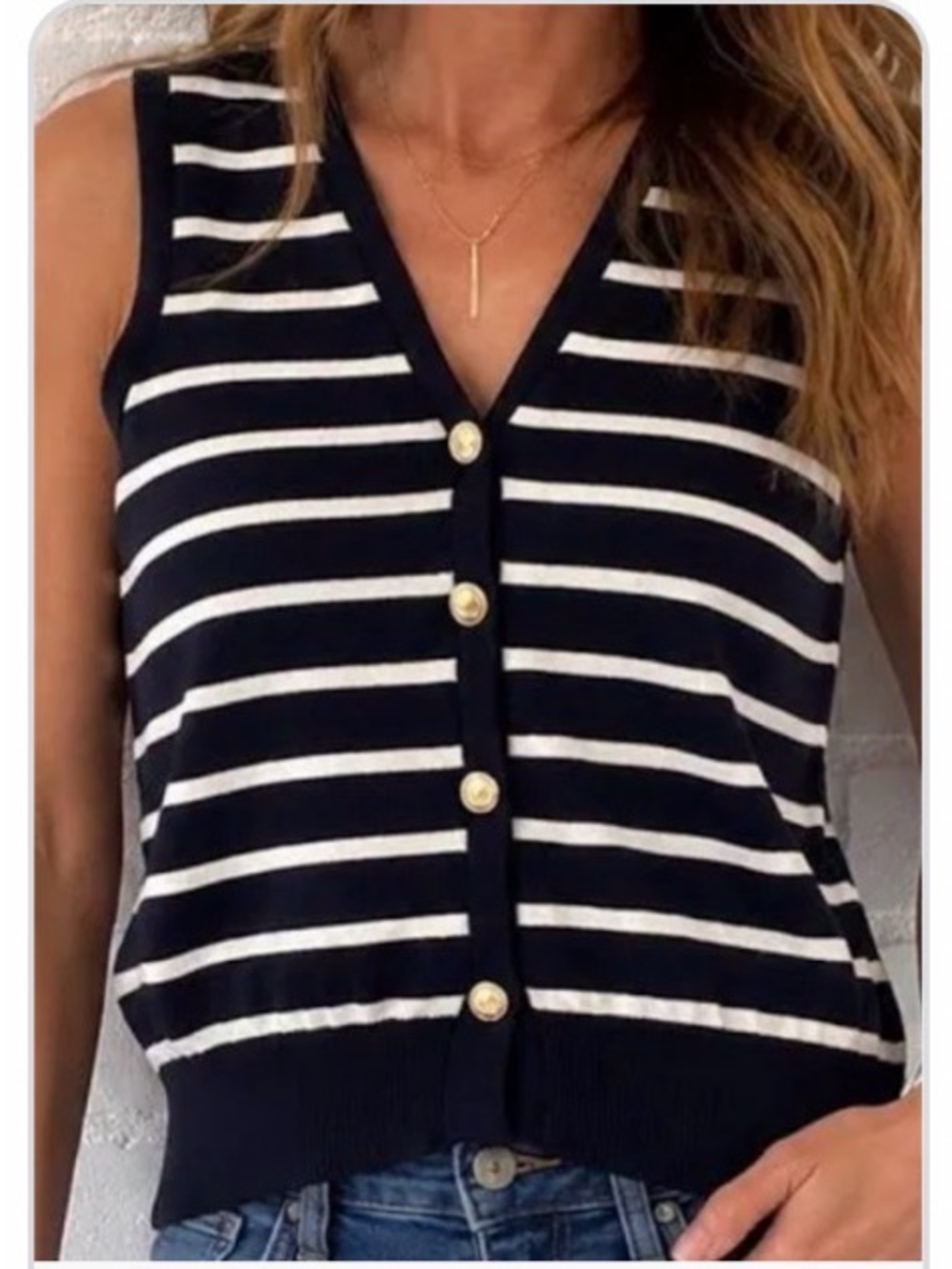 Striped Sleeveless Button Front Knit Top - navy